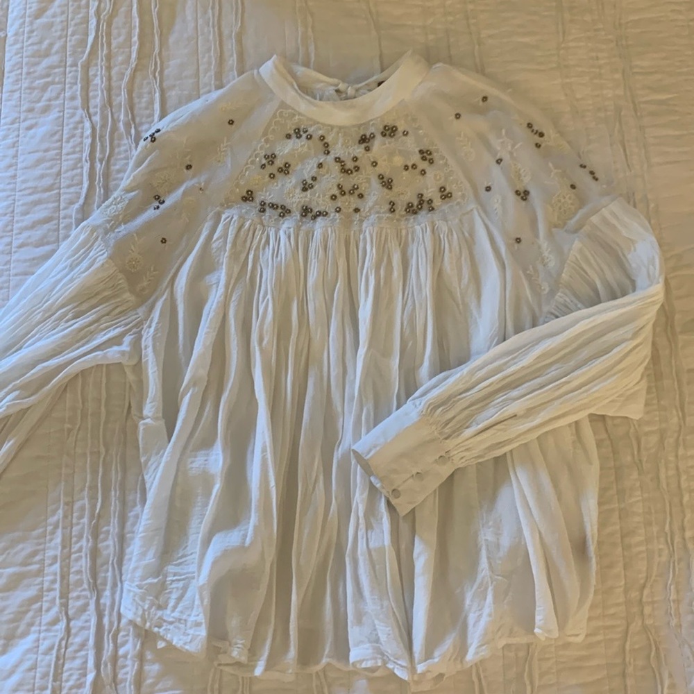 Free People Long Sleeve White Blouse with Beading Embellishments